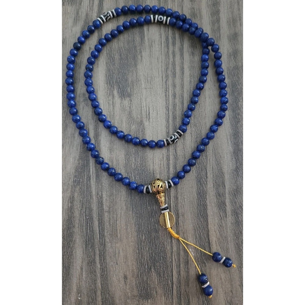 Lapis Lazuli Mala Meditation Beads  with Gold Accent, Tassel & Pouch 30 Inch